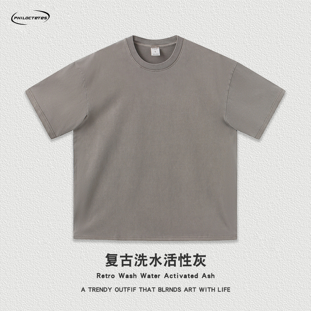 Comercio exterior pesado 260g flor frita apenado color sólido de manga corta Camiseta hombres y mujeres sueltos lavados camiseta de marca de moda estadounidense transfronteriza