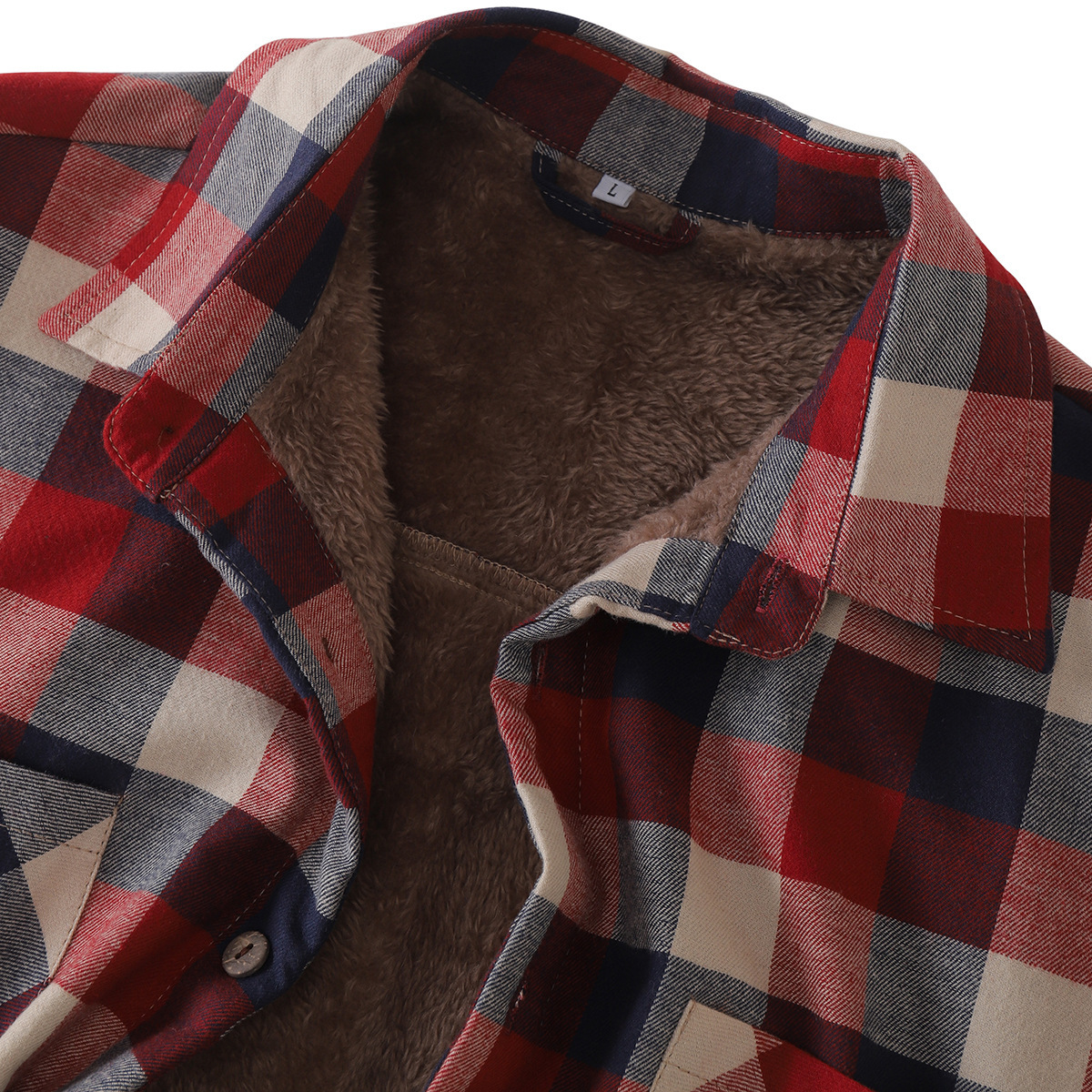 Men Plaid Print Lapel Collar Thermal Lined Shirt Jacket