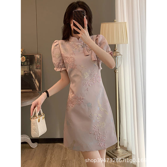 New Chinese Style Elegant Slimming Modified Cheongsam Dress 2023 Summer New Women's Elegant Puff Sleeve A- line Dress