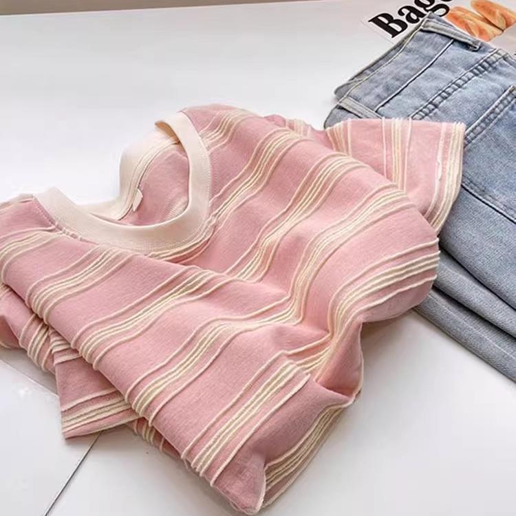 Cross-Border Sweet Design Pink Striped Short-Sleeve T-Shirt for Women, Loose Fit for Plus-Size Women, 120kg Large Size Round Neck Casual Top