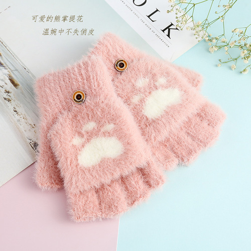 Winter New Adult Student Half Finger Foldable Bear Paws Dual-Use Warm Gloves Direct Manufacturer Sale