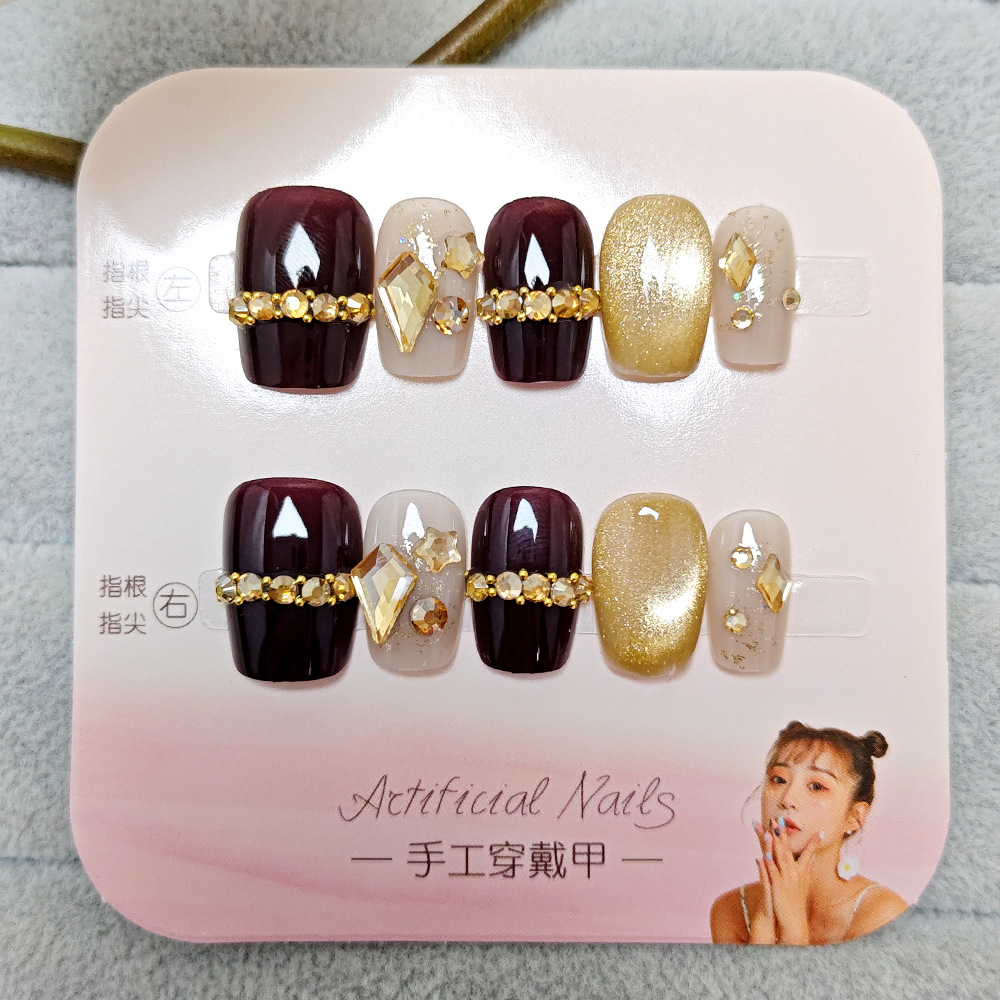 Dulce cielo estrellado, uñas de uñas de ojo de gato, 10 piezas hechas a mano, escalera corta, parche de uñas de diamantes, armadura de vestir de gran venta
