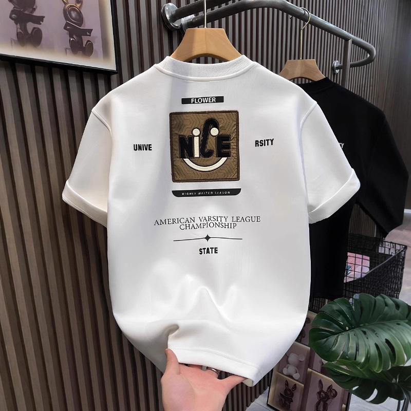 Heavyweight American Retro High Street Men's Short-Sleeve T-Shirt with Round Neck and Letter Print, Fashionable and Versatile Casual Top
