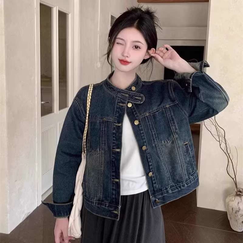 Retro stand-up collar short denim jacket for women, spring and autumn 2026 new style, Hong Kong style design, loose and fashionable jacket top