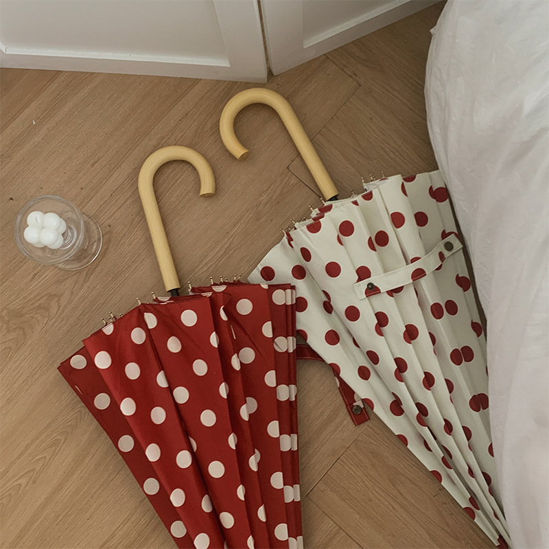 vintage Hong Kong-style Long Handle Umbrella Women's Wave Point 16-Bone Increased High-Level Folding Automatic Solid Dual-Use for Sunny and Rainy