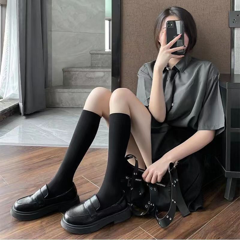 Small leg socks children's ice socks summer thin strong pressure slimming knee-length black and white with small leather shoes compression socks