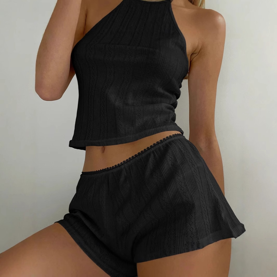 Conjunto de pijama feminino de duas peças, modelo camisola shorts de malha sexy para o verão de 2025, em jacquard branco, estilo europeu e americano._voghion.com