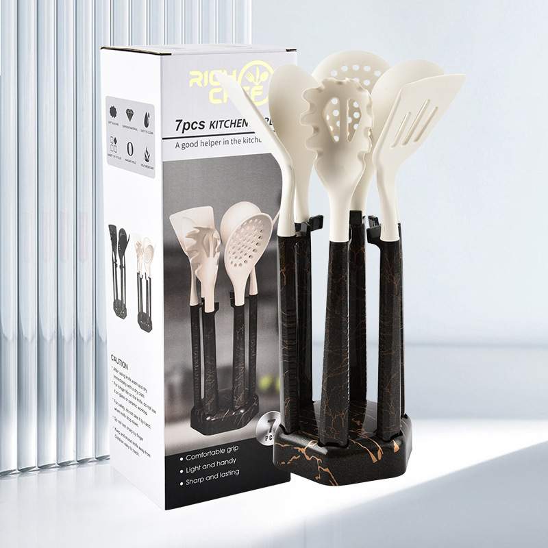 Juego de 7 piezas de utensilios de cocina de silicona Juego de 7 piezas de cocina de pie cuchara de cocina cuchara de sopa juego de 7 piezas de estante de almacenamiento antiadherente