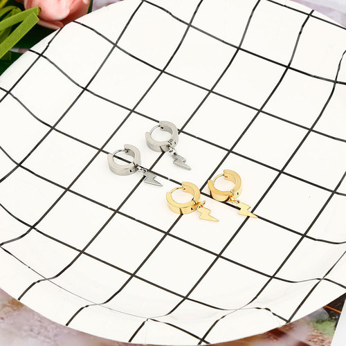 European and American cross-border Korean style ear buckle pendant lightning double-sided earrings stainless steel ear clips simple short earrings for men and women