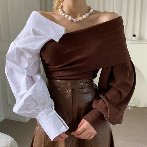 Dongdaemun early autumn one-collar shirt for women's design stitching shirt retro strapless long-sleeved top