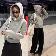 灰色短款连帽内搭卫衣女2025新款小个子带帽衫修身上衣秋季穿搭薄
