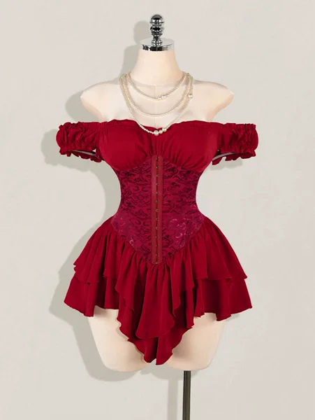 Jacquard Patchwork Pleated Ruffle Off-Shoulder Multi-Layered Ruffle Hem A-Line Chiffon Mini Dress 1169 #