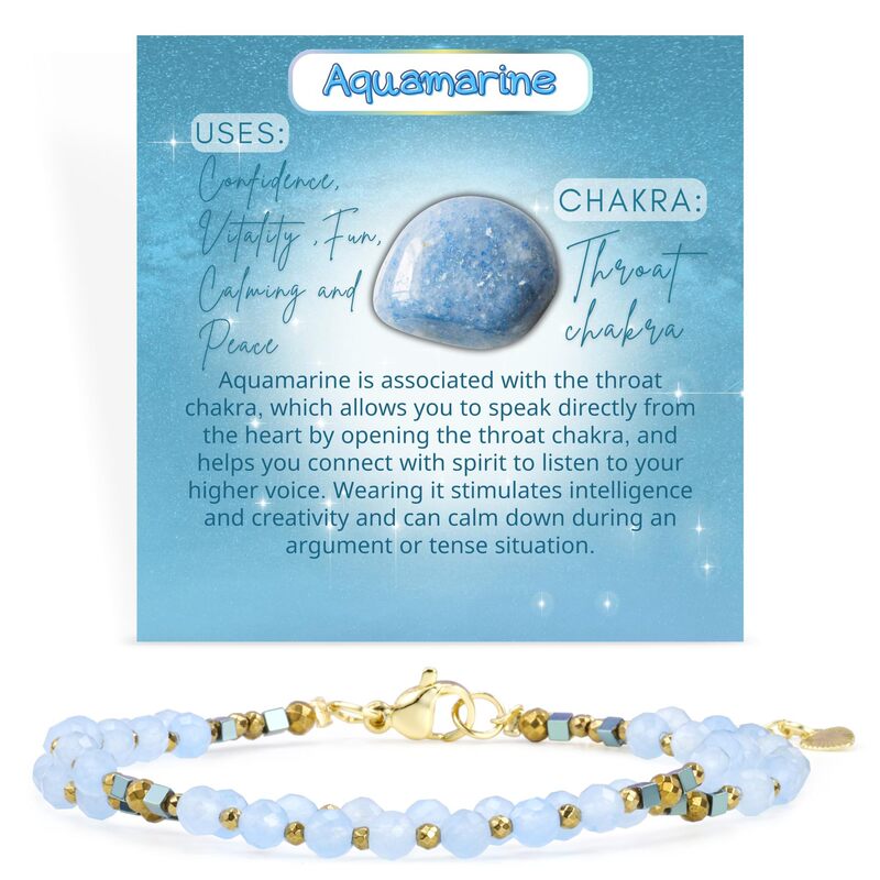 Women's Faceted Crystal Beaded Bracelet with Stainless Steel Square Gold Chain and Double-Layered Aquamarine Faceted Bracelet