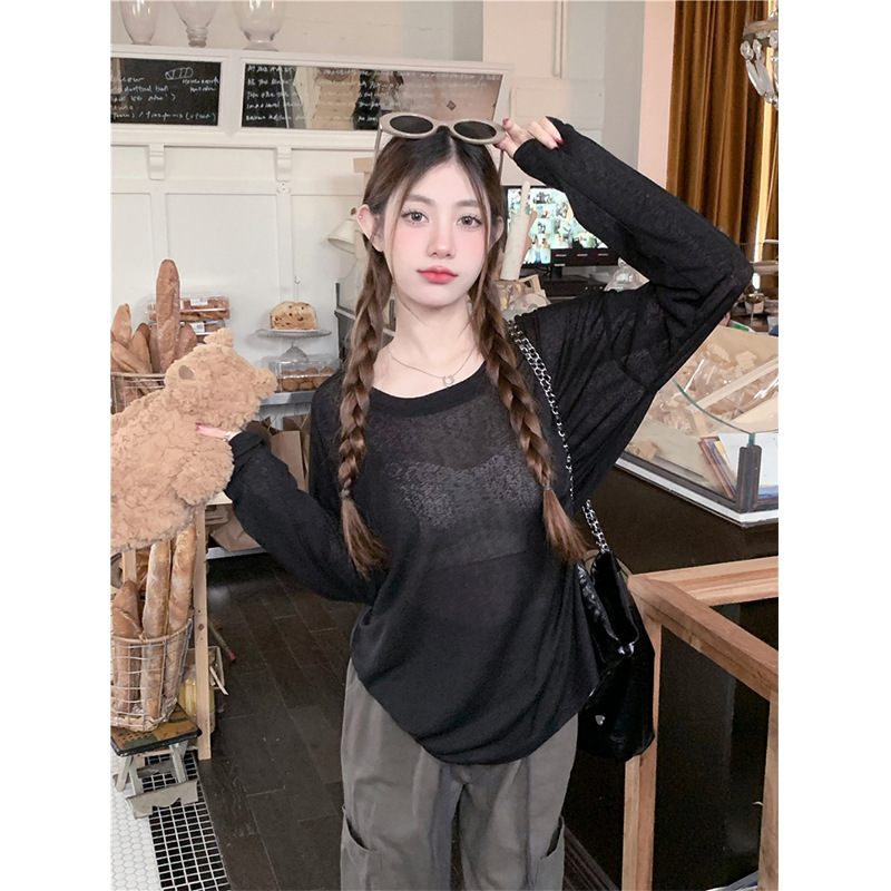 薄い氷の糸の日焼け止めのブラウスの夏の新型の怠惰な長袖のエアコンのtシャツはゆったりとしています。|undefined