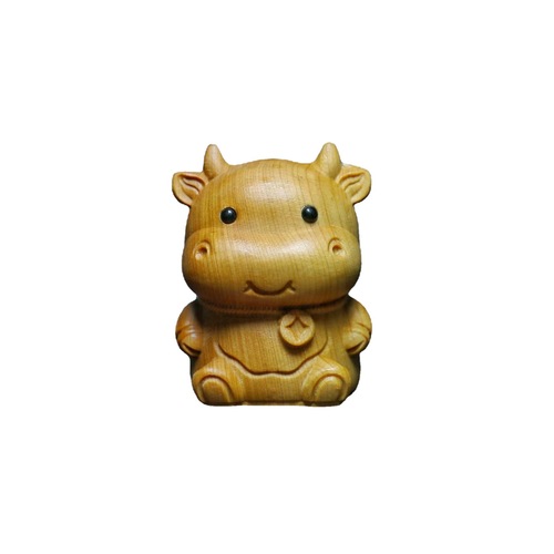 Thuja wood carved small animal handle pieces copper coins calf zodiac cow pendant keychain wooden crafts gifts