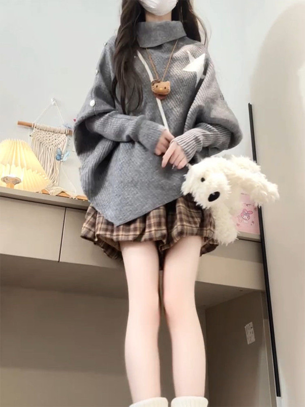 灰色高领斗篷上衣女新款设计感小众慵懒风不规则长袖针织衫毛衣女|undefined