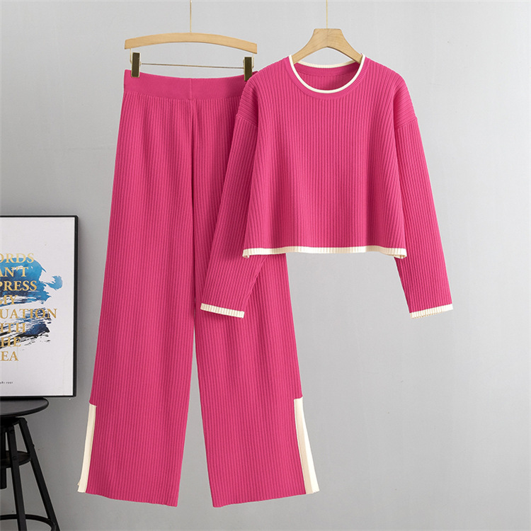 Women's Clothing knitted suits short sweaters and wide leg pants two piece suits_voghion.com