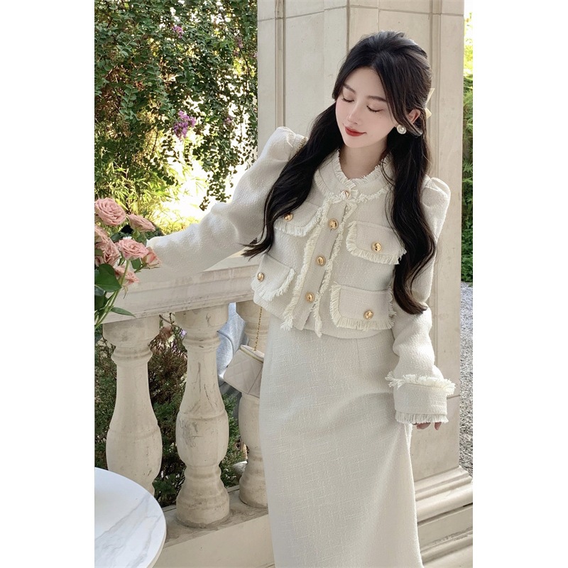 Plus Size Fat mm Tweed Style Two-Piece Suit, Ladylike Short Outwear, French Half-Length Skirt, Women's Clothing 100kg