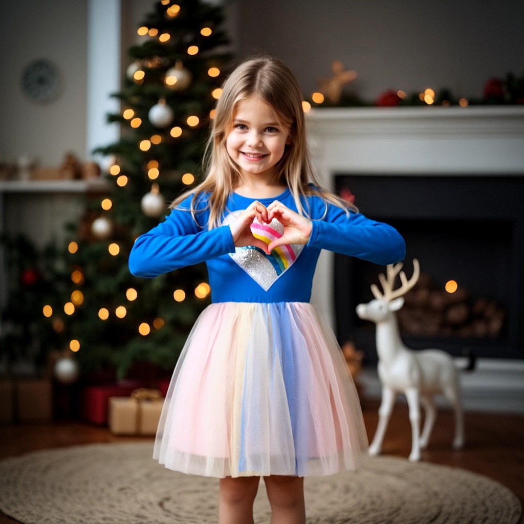 Ropa para niños europeos y americanos cuello redondo manga larga vestido de malla nueva chica en forma de corazón brillante lentejuelas chica media falda infantil falda de otoño