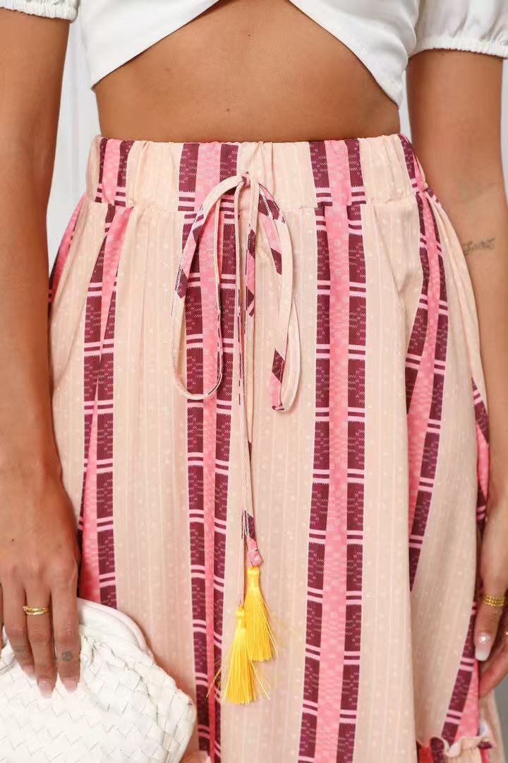 Real Shot Of Cross-border Foreign Trade 2025 Summer New Bohemian Resort Style Printed Flared Skirt For Women_ecoleips.com