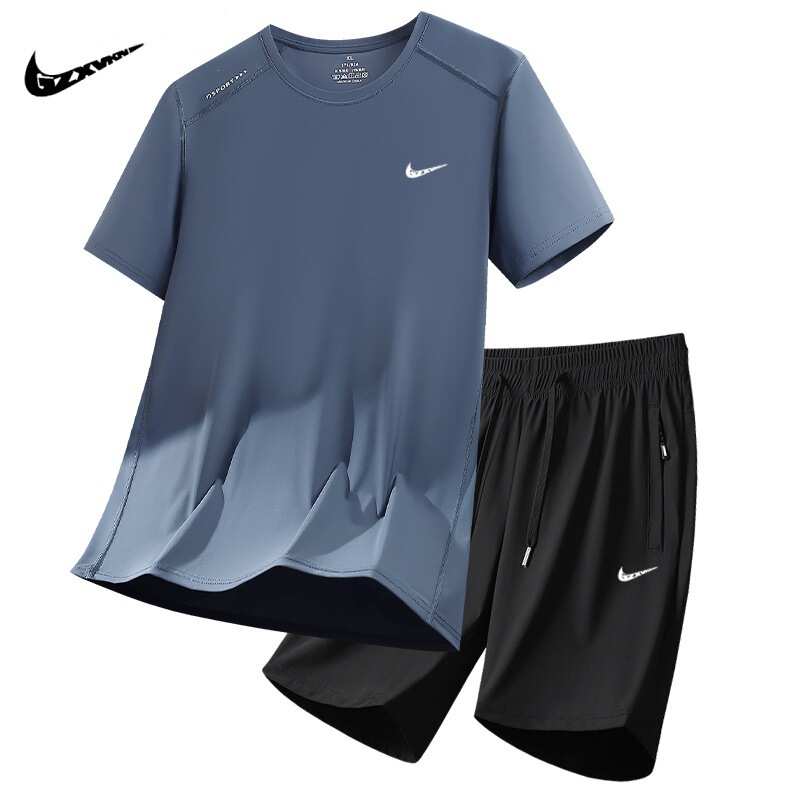 Men's Ice Silk Short-Sleeved T-Shirt and Shorts Set, Summer New Style, Round Neck, Loose, Quick-Drying, Breathable, Large Size Sports Two-Piece Set