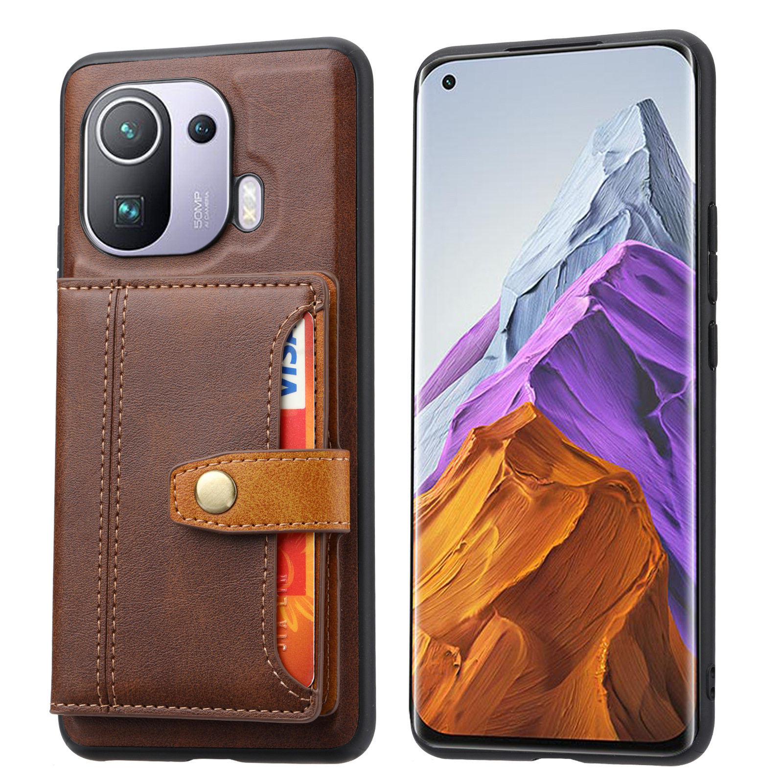 Funda para teléfono móvil Xiaomi 11pro con ranura para tarjetas externa, funda de cuero tipo billetera, funda de cuero 11pro = funda moderna con bloques de color