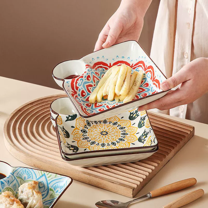 Ceramic Dumplings Plate - Retro Glazed Underglazed Color Dish for Dumplings & Chips, Cartoon Plate