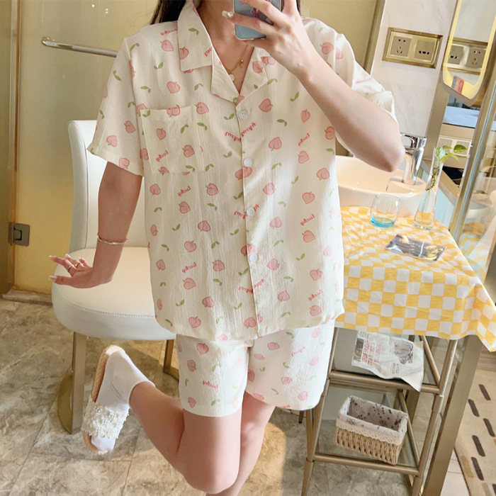 睡衣女夏季梭织泡泡棉皱布ins公主风可爱短袖夏天薄款家居服套装|undefined