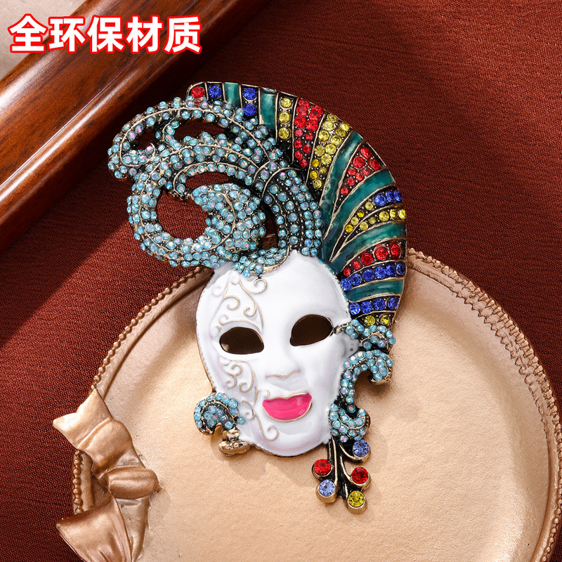 欧美重工夸张设计满钻面具胸针创意人脸复古冬季大衣外套别针胸花|undefined