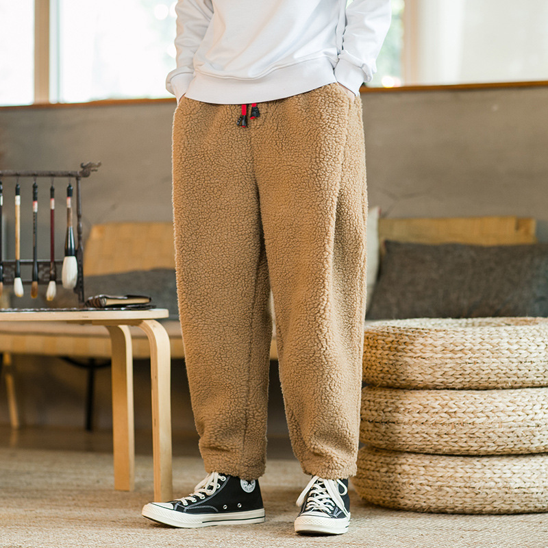 2025 Winter Chinese Style Lamb Wool Elastic Waist Harem Pants Retro Thick Plush Casual Pants Large Size