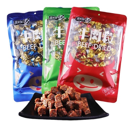 70g bagged beef jerky snacks with spicy/Sichuan/Sate flavors, chewy single-serve packaging