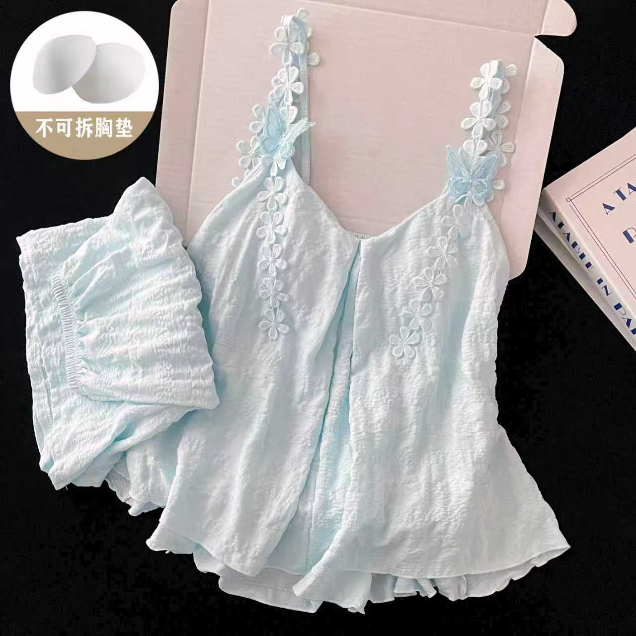 Women's Summer New Style Blue Cloud Cotton Jacquard Suspender Shorts with Breast Pads, Sweet Style Home Wear Two-Piece Set