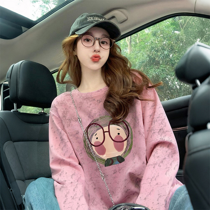 Unique Chinese-Style Splash-Ink Thin Long-Sleeve T-Shirt for Women, American Trendy Cartoon Graffiti Loose Fit for Plus-Size Women, Tummy-Covering Top