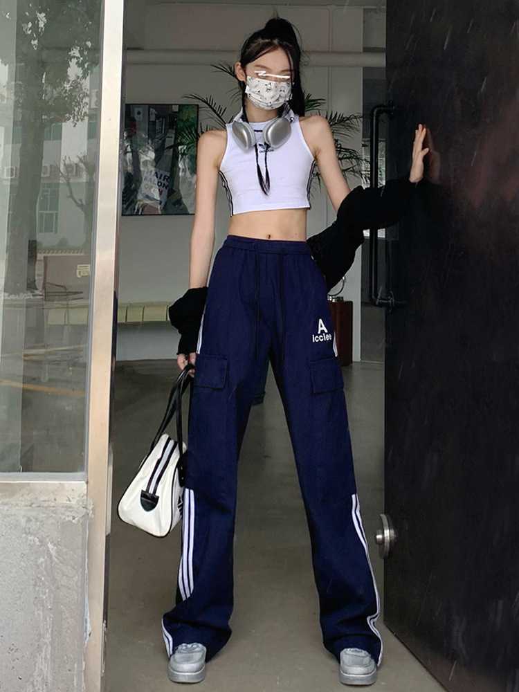 Retro three-bar outdoor hiking overalls women's spring and autumn wide-leg sports pants high waist long pants