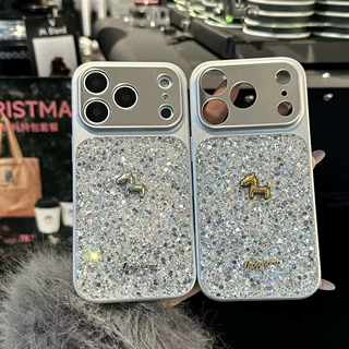 小马英文滴胶闪粉亮片手机壳适用苹果17电镀精孔iPhone18精美网红
