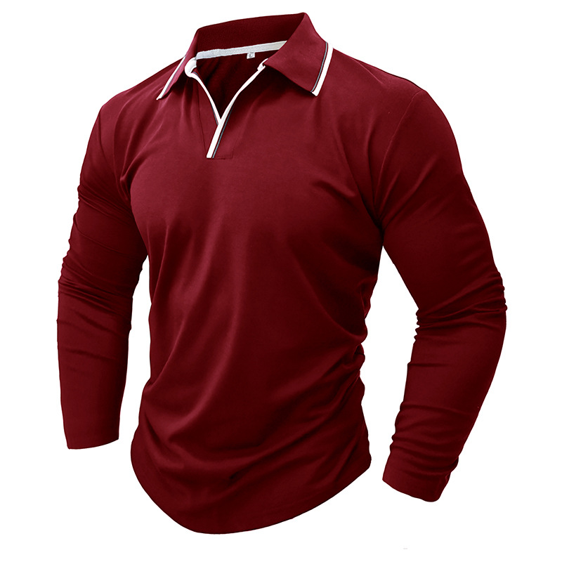 Nueva camisa de polo de color sólido con cuello en V de comercio exterior Camisa de manga larga para hombre Camiseta de solapa de tamaño europeo y americano transfronterizo 2023 Otoño e Invierno
