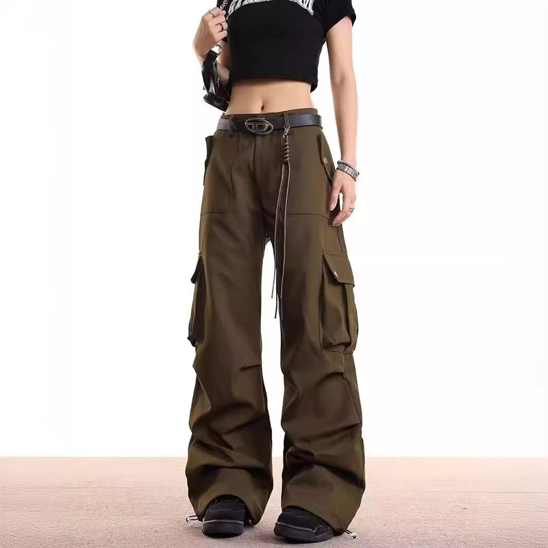 American Retro Large Pocket Umbrella Soldier Cargo Pants Women's Street Fashion Brand Straight Loose Fashion All-match Wide-leg Trendy Pants