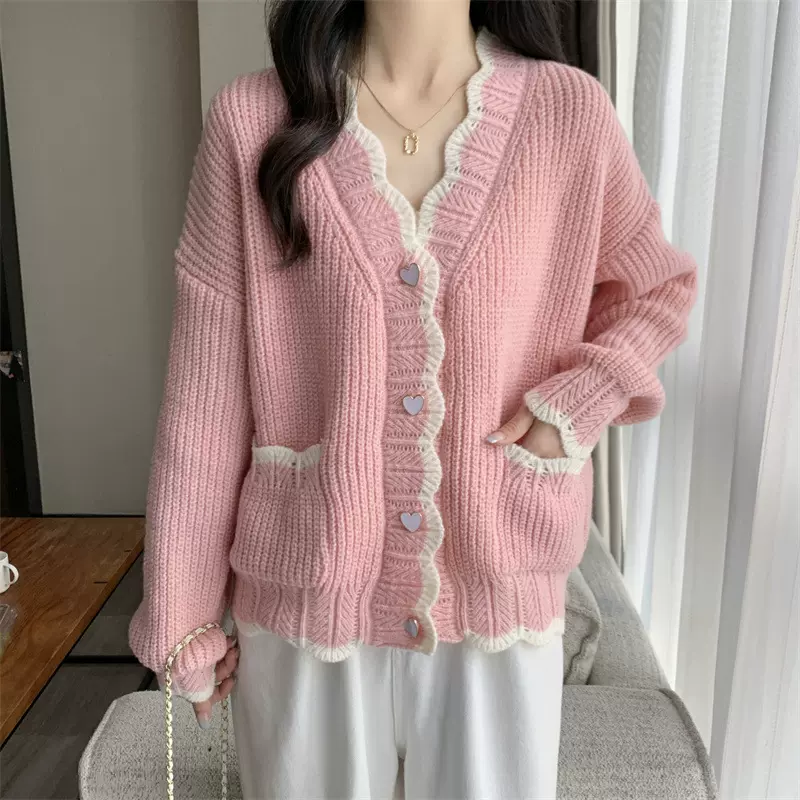 春秋韩系软糯甜美领心形纽扣针织开衫女装拼色温柔宽松毛衣女外套