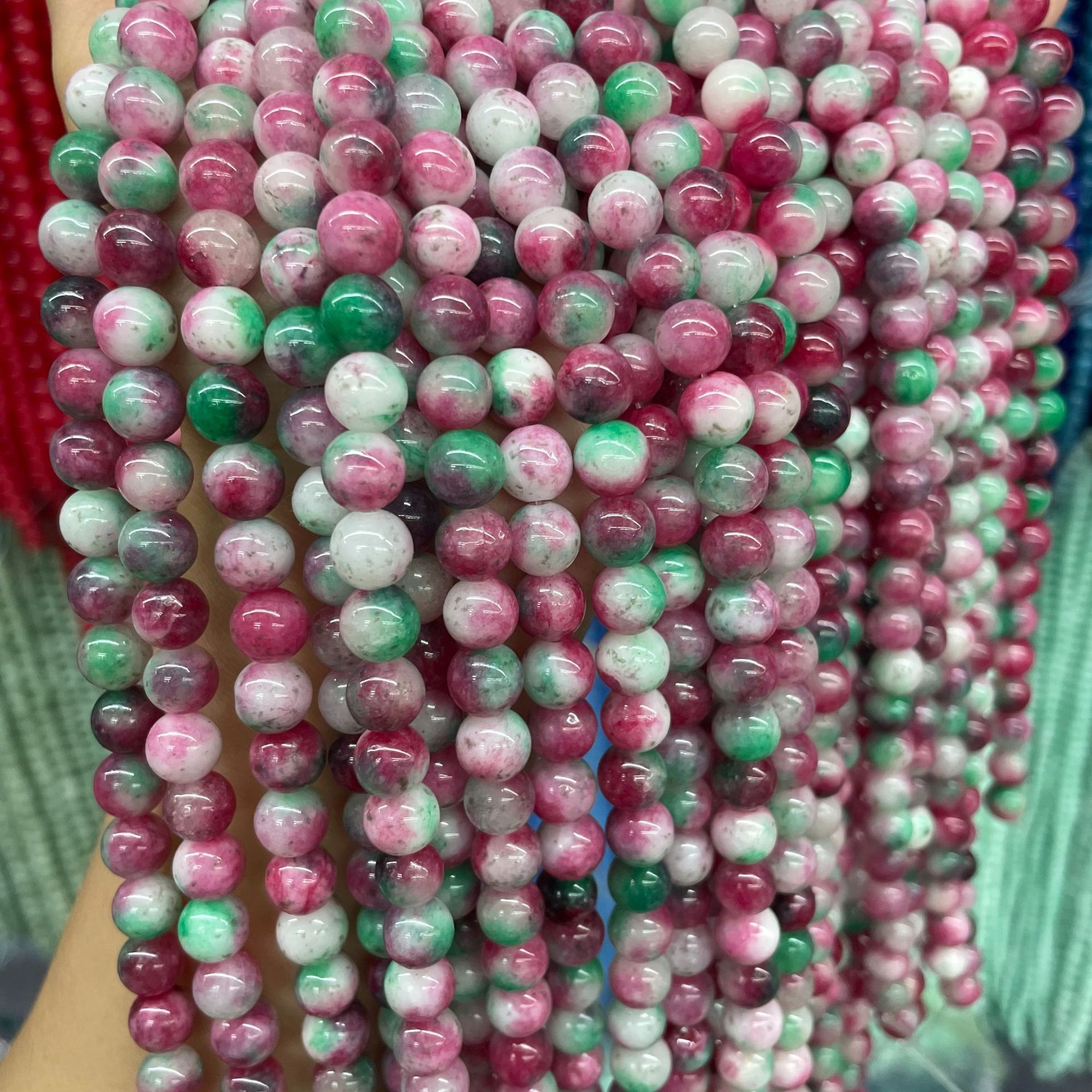 Cross-border natural stone synthetic peach blossom jade loose beads pink green beaded bracelet accessories DIY round beads semi-finished products in stock