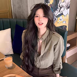 感老钱风春夏韩系复古风宽松单排扣设计感翻领长袖工装衬衫女