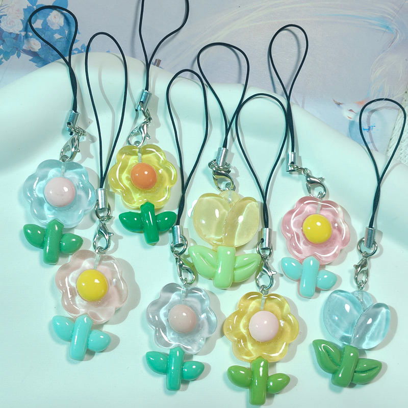 Original Ice Transparent Flower Tulip Mobile Phone Rope Cute School Bag Pendant Student Resin Accessories Hanging Chain Mobile Phone Chain