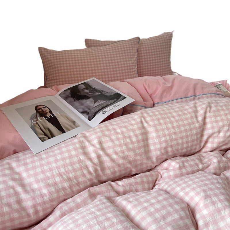 Gingham Bedding Set 4-piece Duvet Cover For Winter Dormitory_voghion.com