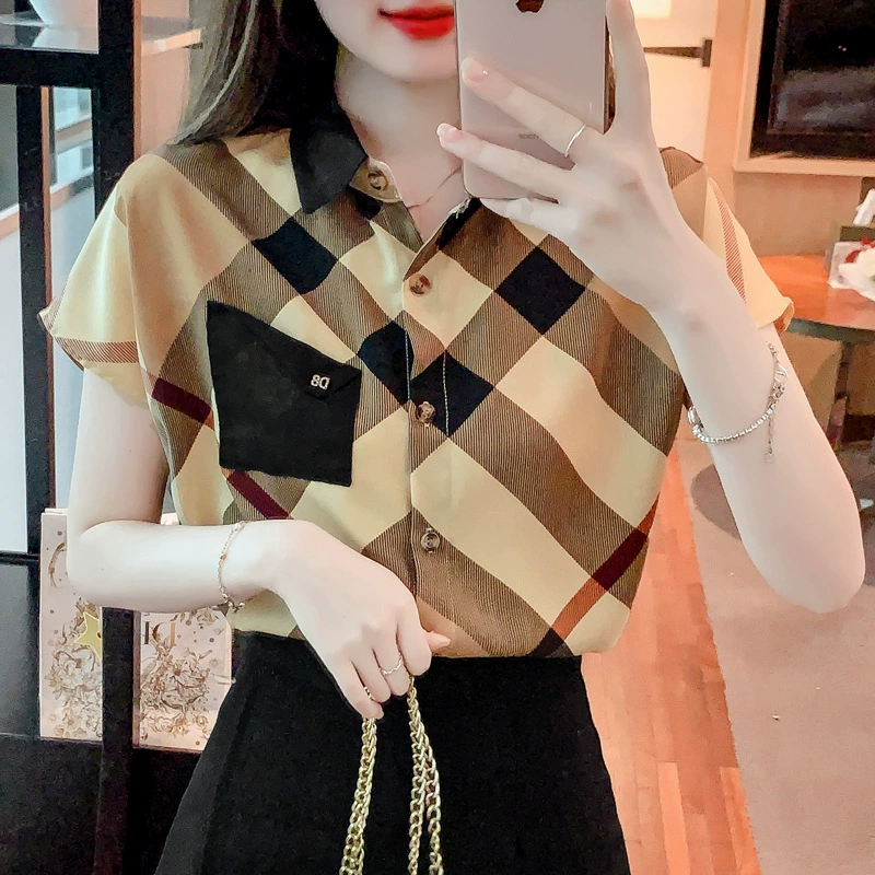 Рекордная ретро клетчатая шифоновая рубашка с короткими рукавами женская новая мода свободная иностранная куртка