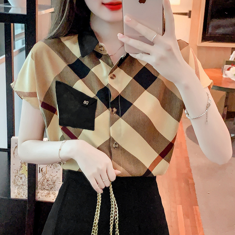 Real Shot Vintage Plaid Short-sleeved Chiffon Shirt Women's New Fashionable Loose Stylish Belly Covering Top Real Shot Vintage Plaid Short-sleeved Chiffon Shirt Women's New Fashionable Loose Stylish Belly Covering Top