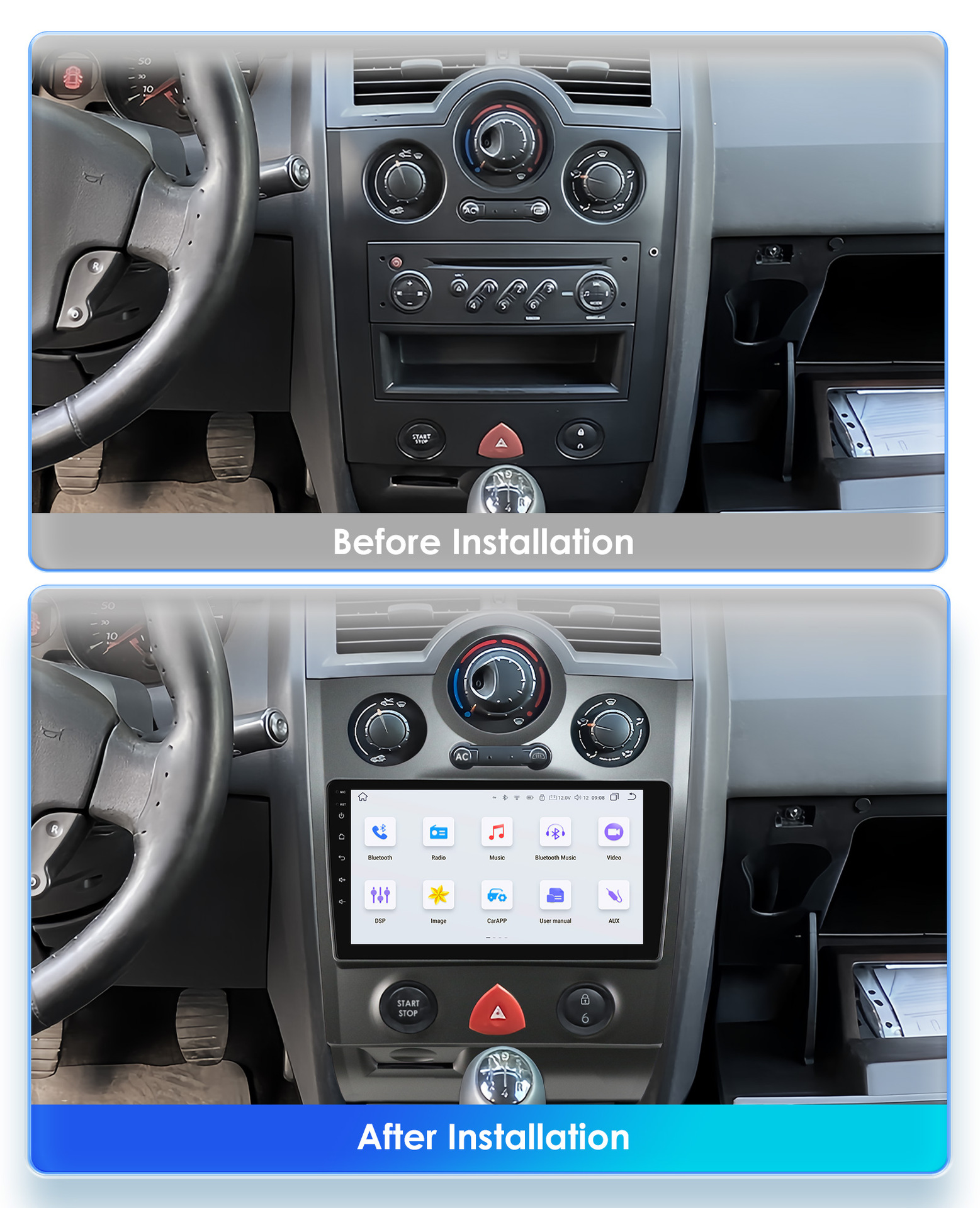9inch Suitable for 2002-2009 Renault Megane 2Nd Generation Lower Center Console Android Navigation and Reversing Camera