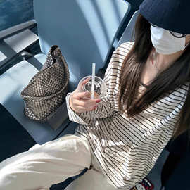 原版色织雪花条纹 美式复古条纹长袖t恤女夏季防晒罩衫春秋上衣