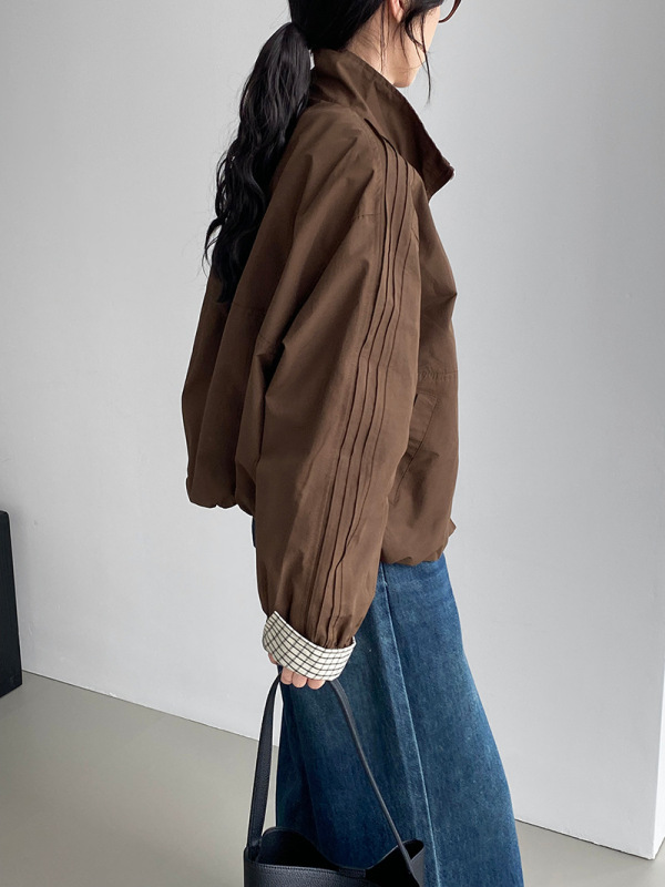 那末韩系宽松休闲立领工装风外套女设计感格子撞色短款风衣H2809|undefined