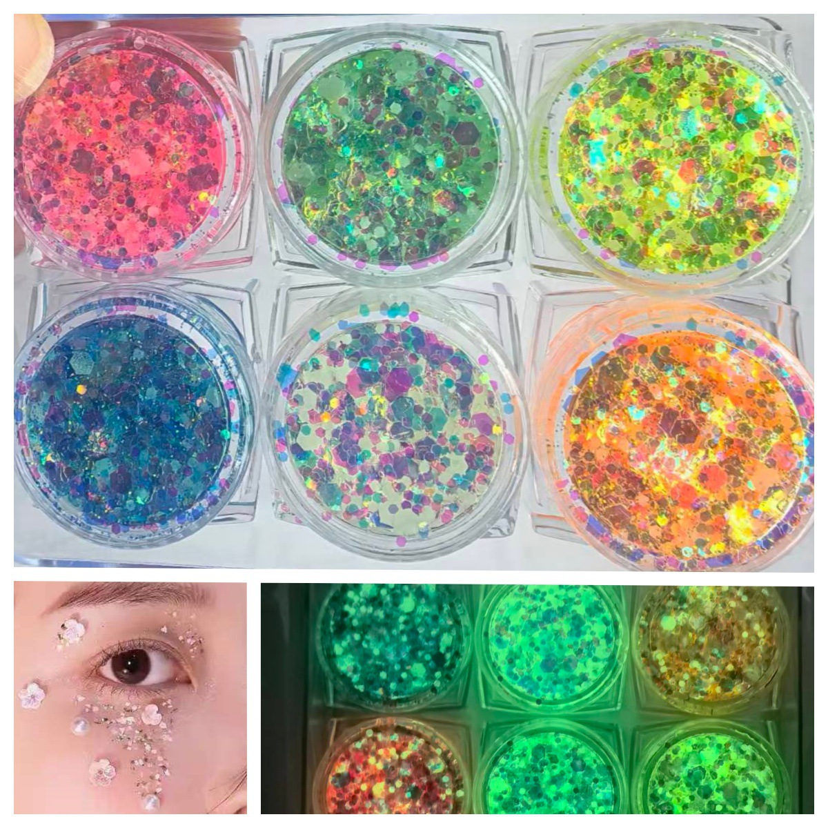 Nail Art and Makeup Hot-Selling Nail Art Luminous Glitter Powder Sequins 6-Color Gel Eye Makeup Mixed Fluorescent Glitter Powder