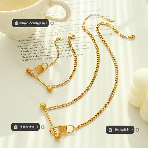 European and American ins style fashion trend lock small waist necklace bracelet jewelry set titanium steel 18K real gold does not fade