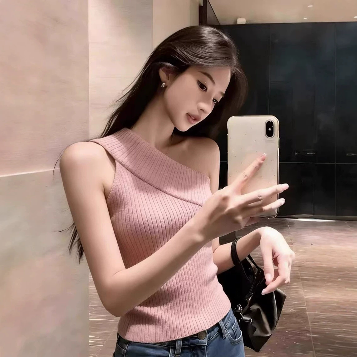 Áo ba lỗ nữ vai trễ phối dây đan chéo, phom ôm sát, kiểu dáng không tay mặc trong hoặc ngoài — màu hồng chi tiết 1